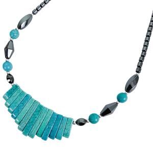 VTG Turquoise-Hued Howlite Gemstone Hematite Necklace 18" Barrel Clasp Jewelry